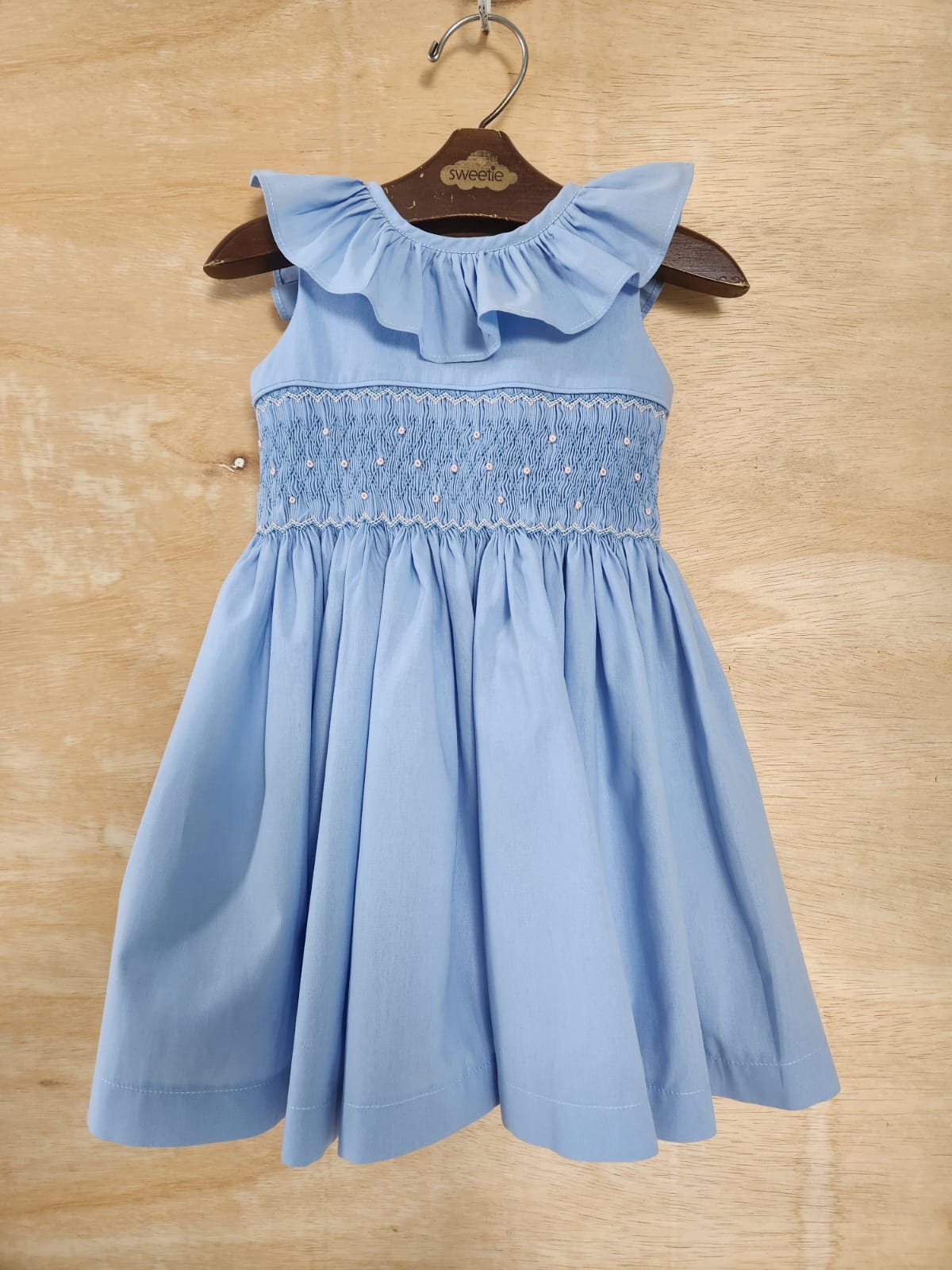 Vestido Bebê Bordado Babado Azul