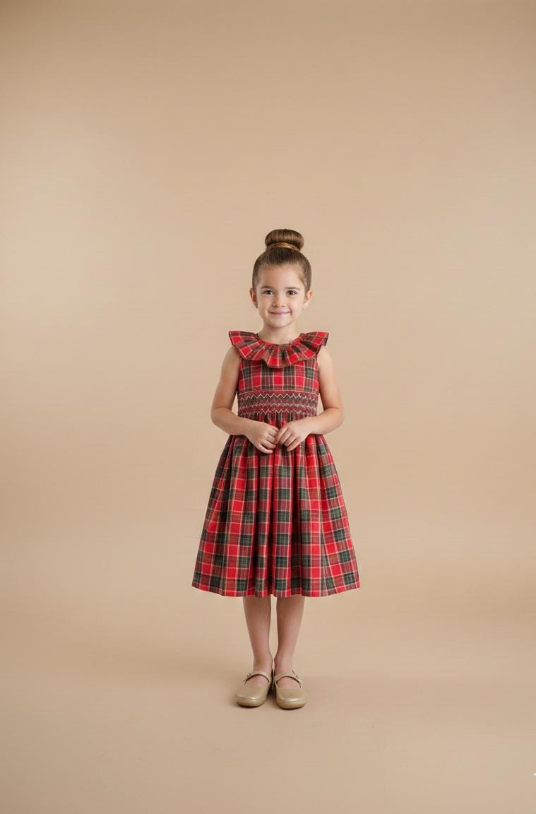 Vestido Infantil Bordado Babado Xadrez Vermelho Natal