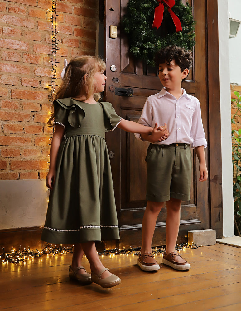 Vestido Infantil Louise Viscolinho Verde Oliva Natal