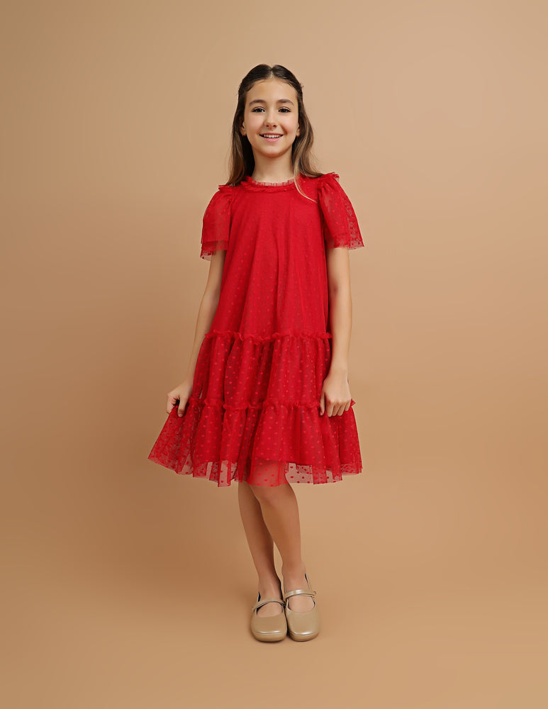Vestido Infantil Paris Tule Vermelho Natal