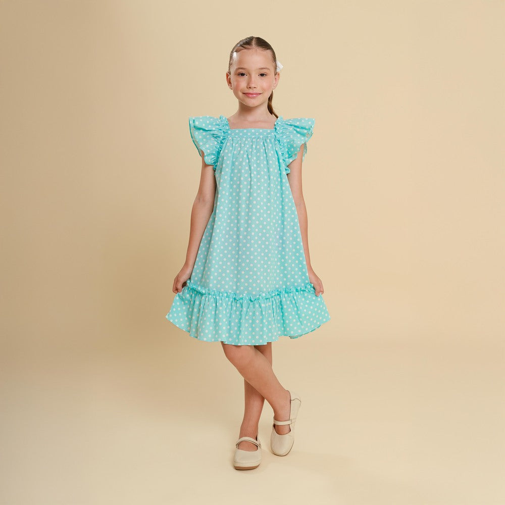 Vestido Infantil Bolonha Poá Azul