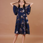 Vestido Infantil Cristal Flores Azul Marinho