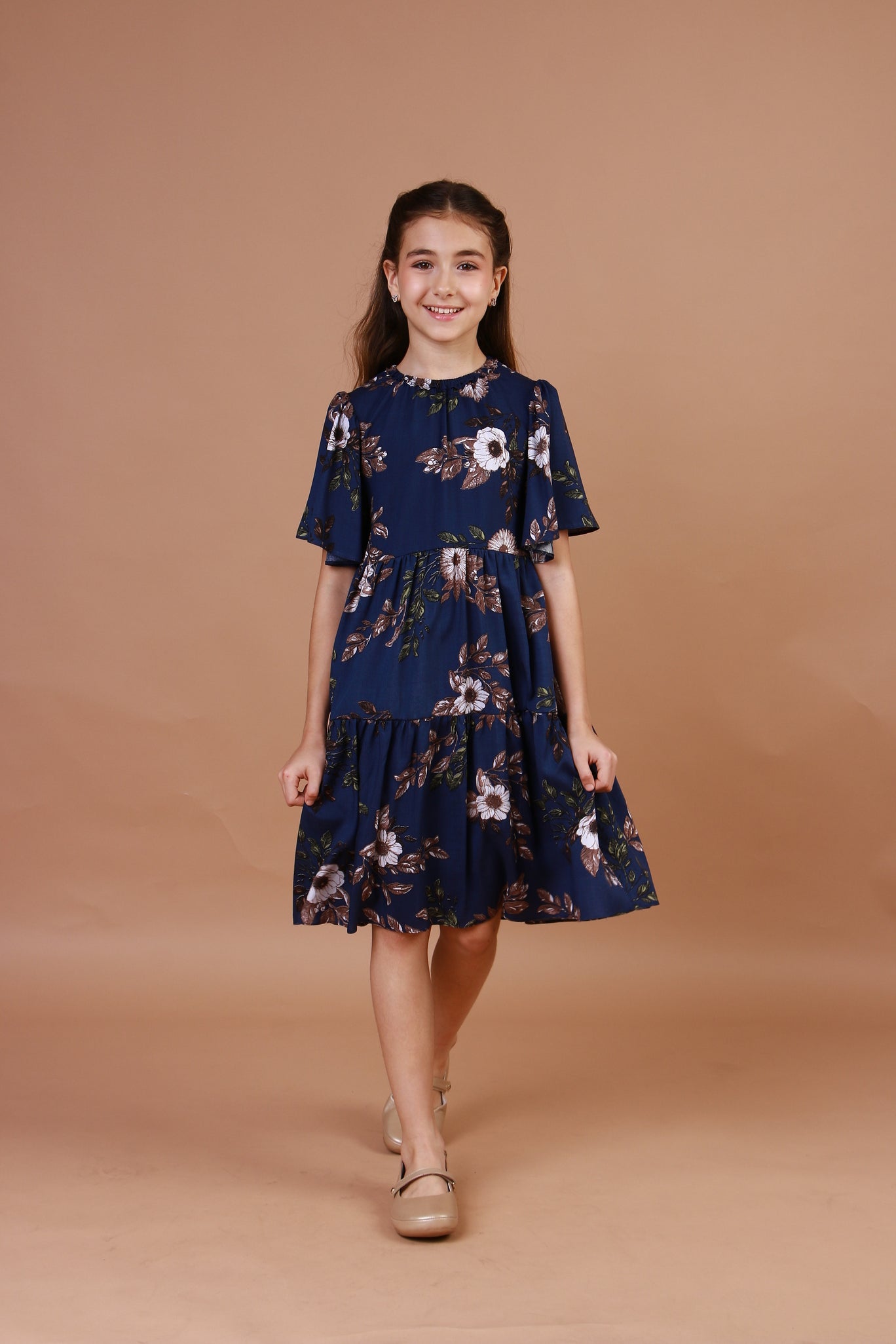 Vestido Infantil Cristal Flores Azul Marinho