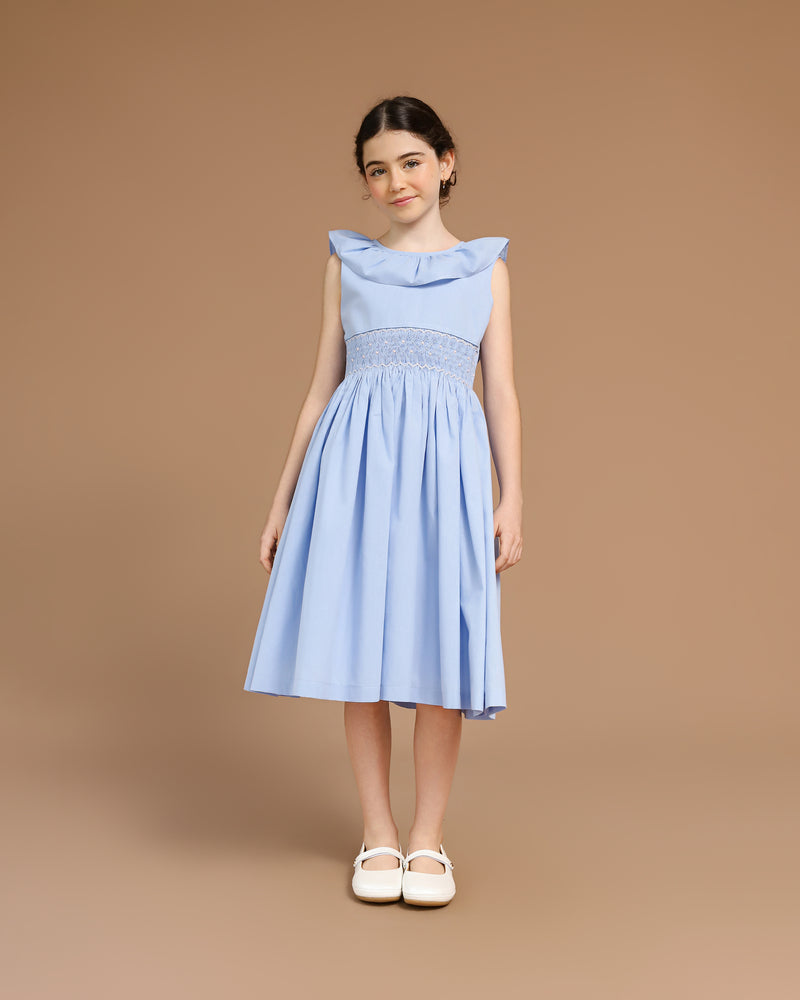 Vestido Infantil Bordado Babado Azul