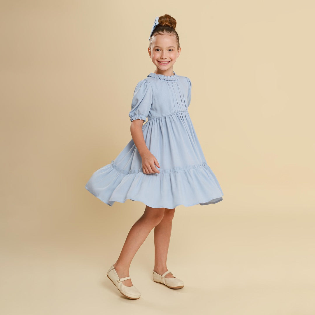 Vestido Infantil Lírio Viscose Azul Bebê