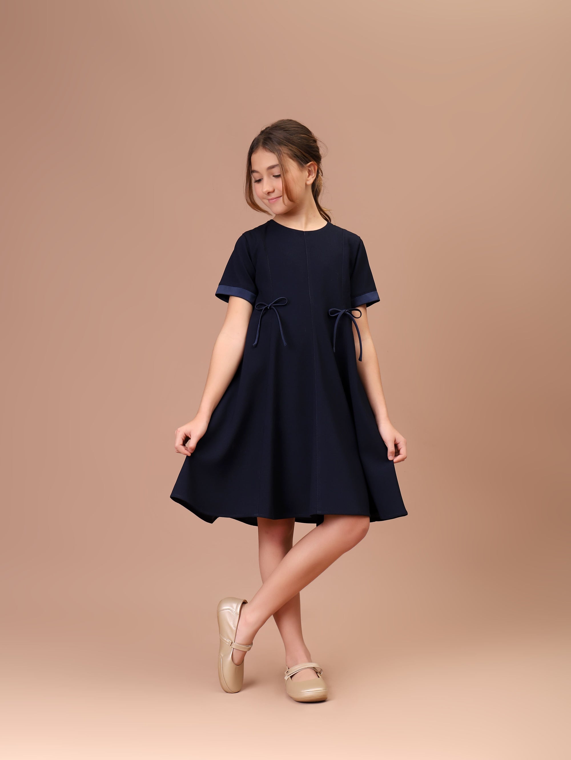 Vestido Infantil Vírginia Manga Curta Crepe Azul Marinho